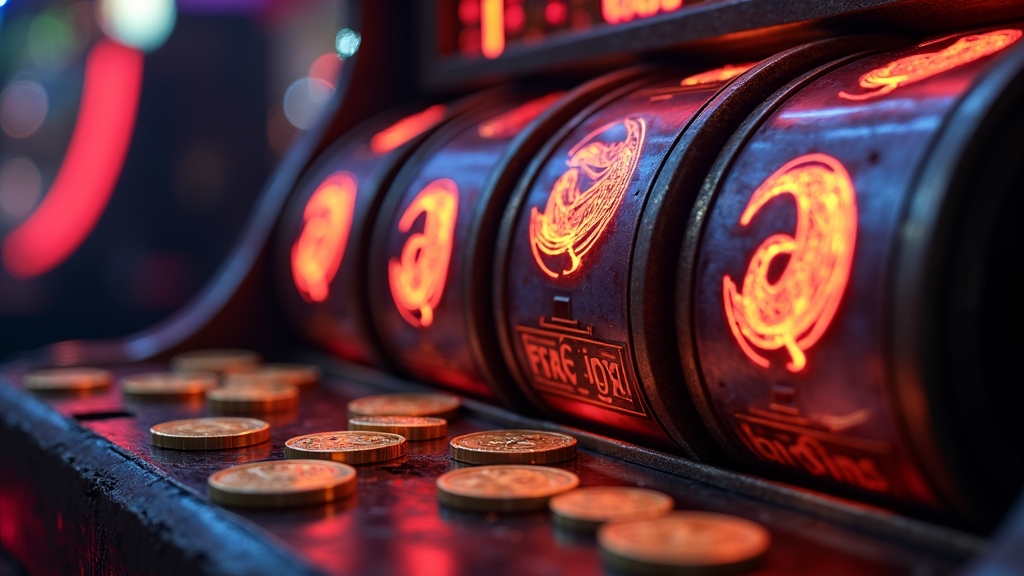 Leuchtende Freispiele an einem Spielautomaten im dunklen Casino