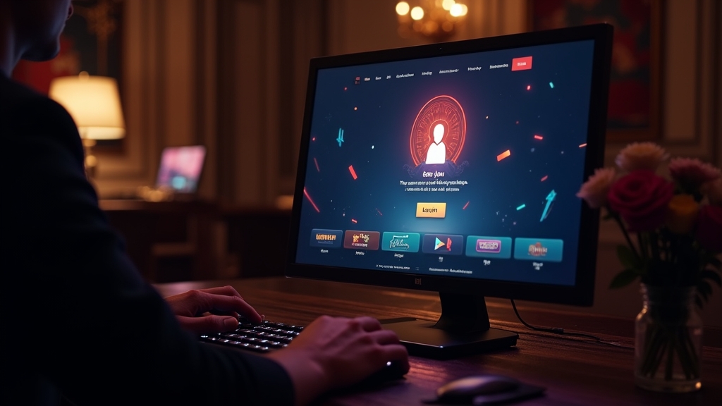 Dunkle Casino-Szene mit Login-Bildschirm und goldenen Akzenten