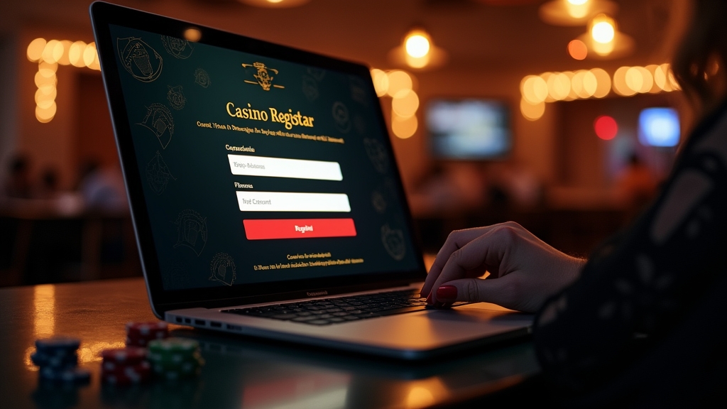 Laptop mit Registrierungsformular in dunkler Casino-Atmosphäre